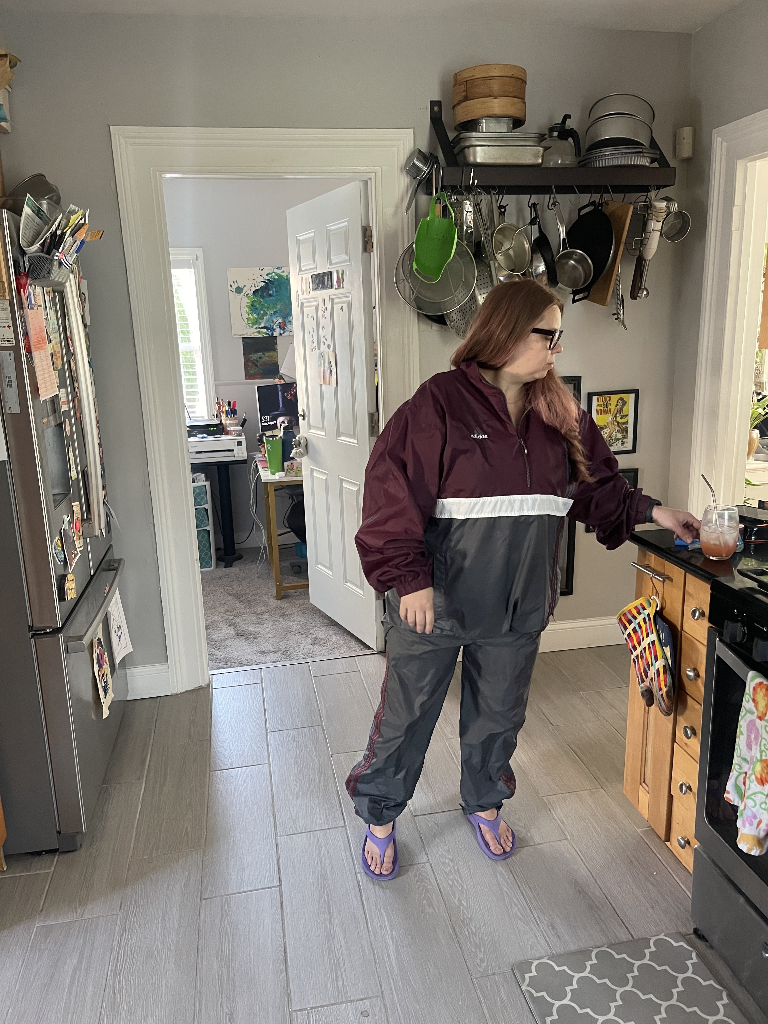 Maroon/gray adidas suit