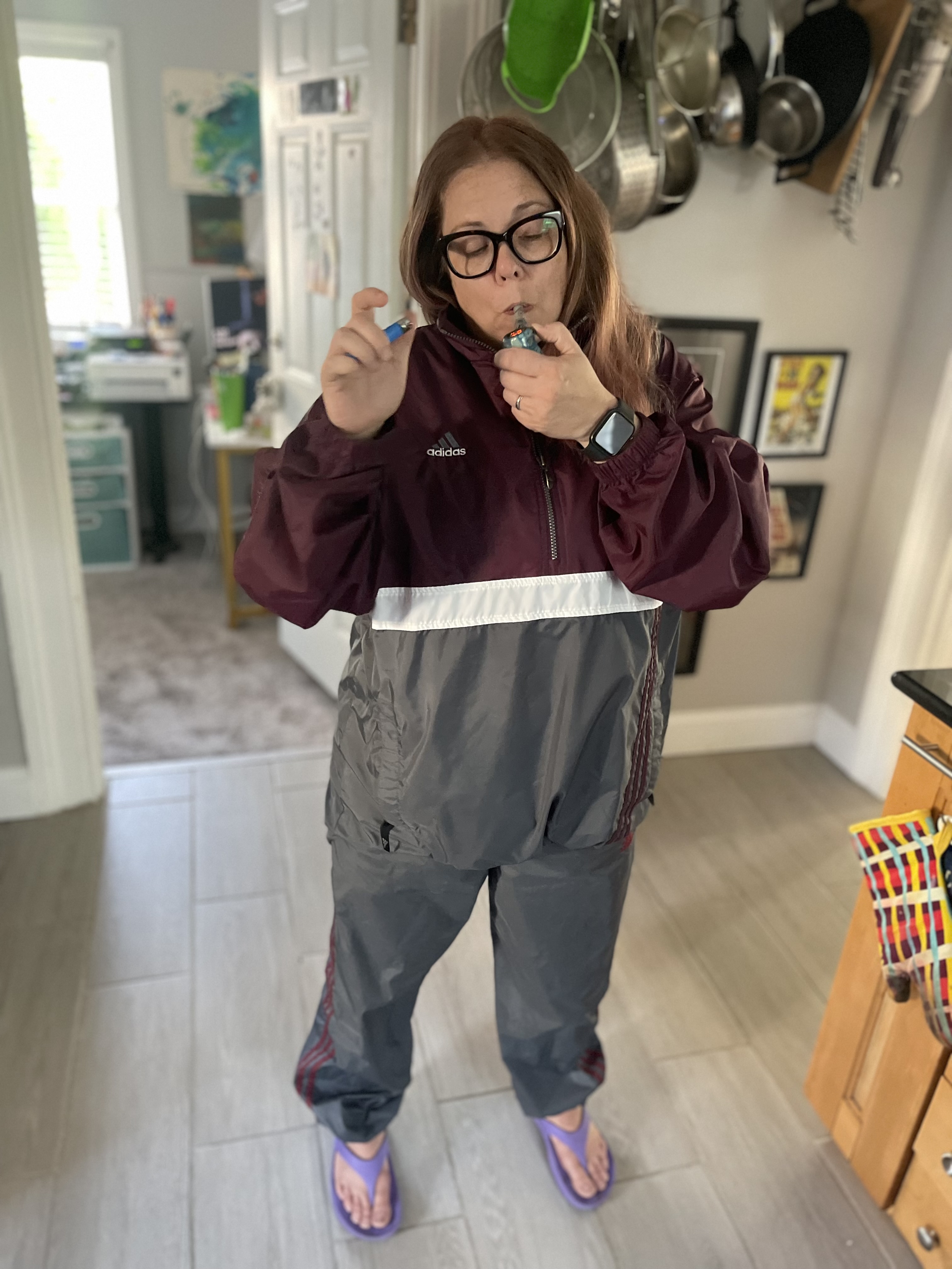 Maroon/gray adidas suit