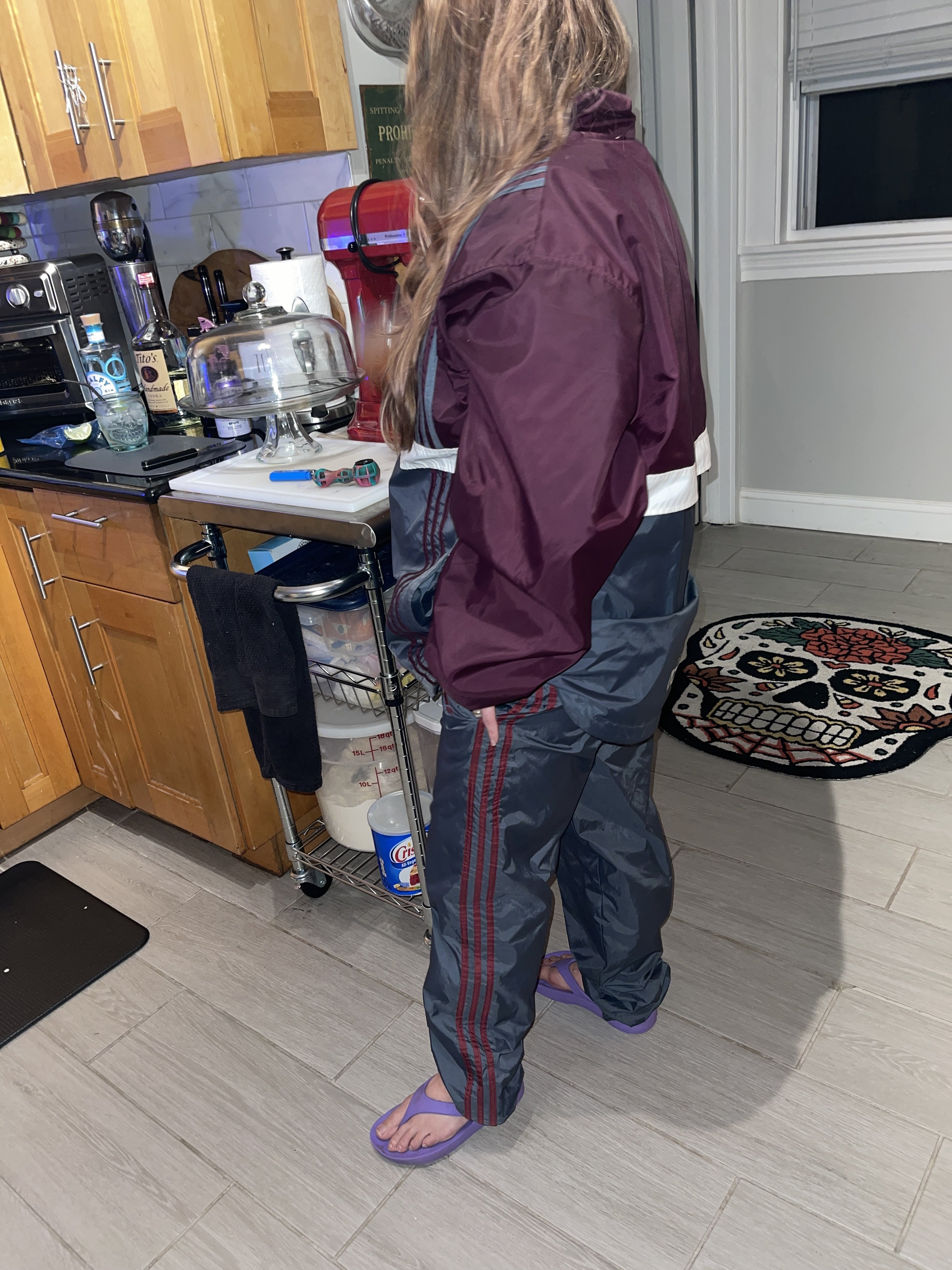Maroon/gray adidas suit