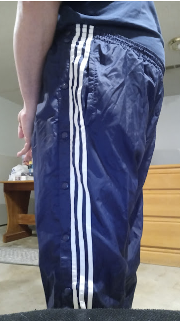 Me in my Dark Blue Adidas Nylon Pants with my hands behind my back 4