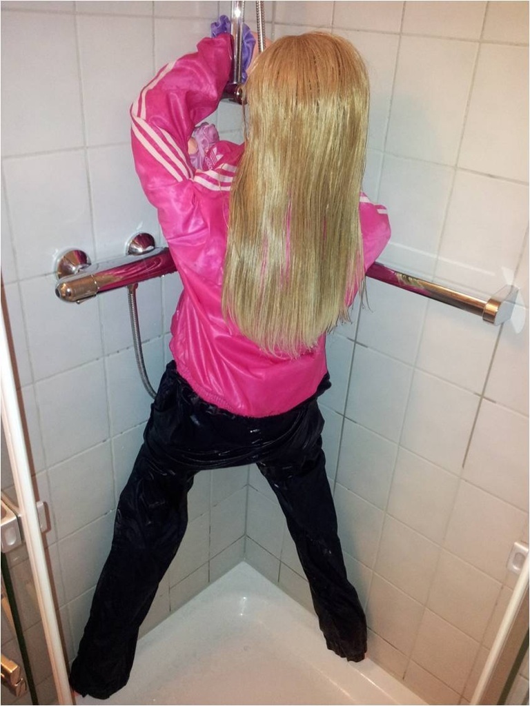 Me taking a shower in adidas AC windbreaker pink