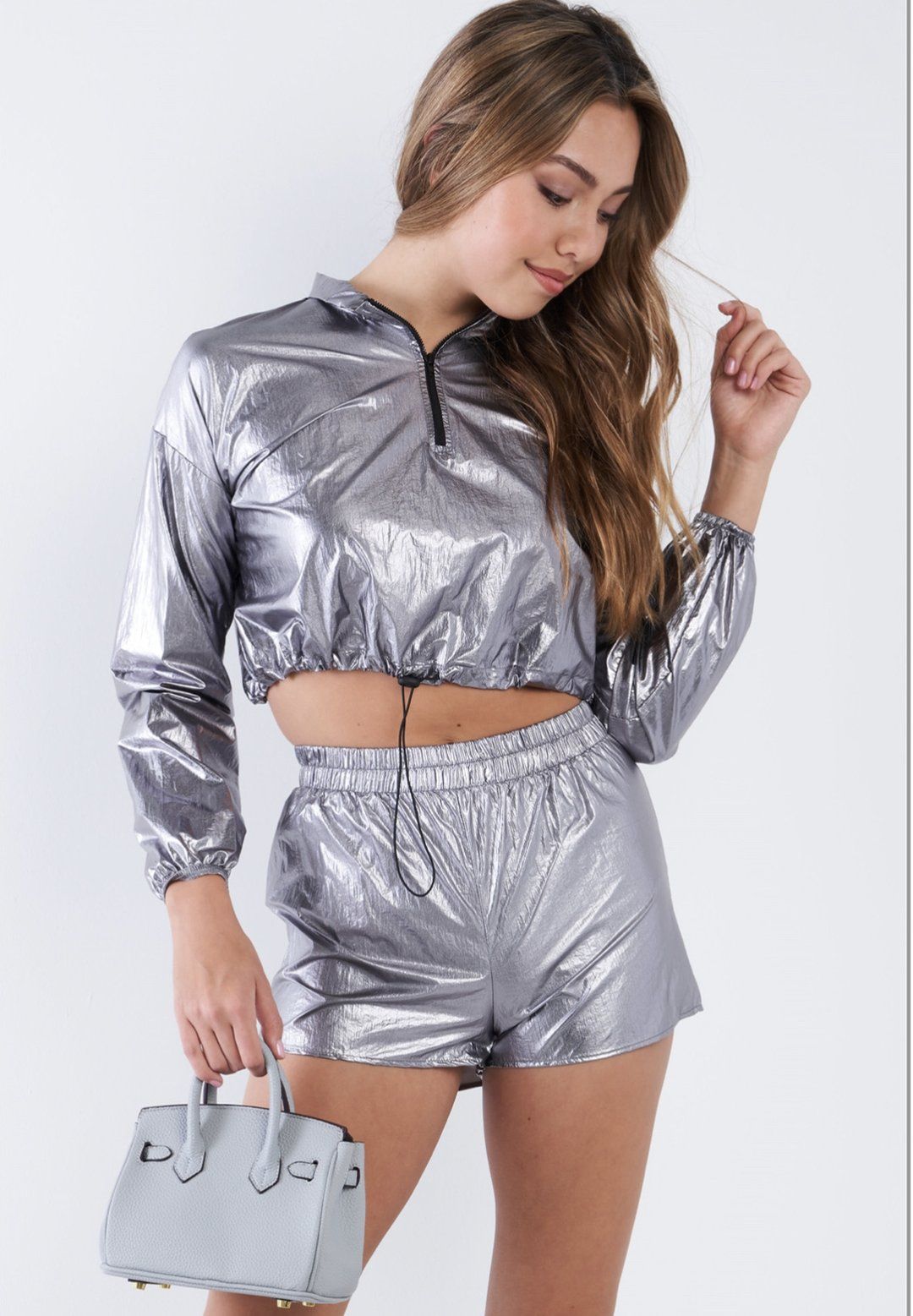 Metallic Lightweight Drawstring Crop Top And Shorts Set.jpg
