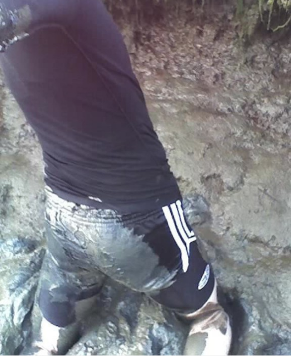 Mud fun in Adidas nylon shorts