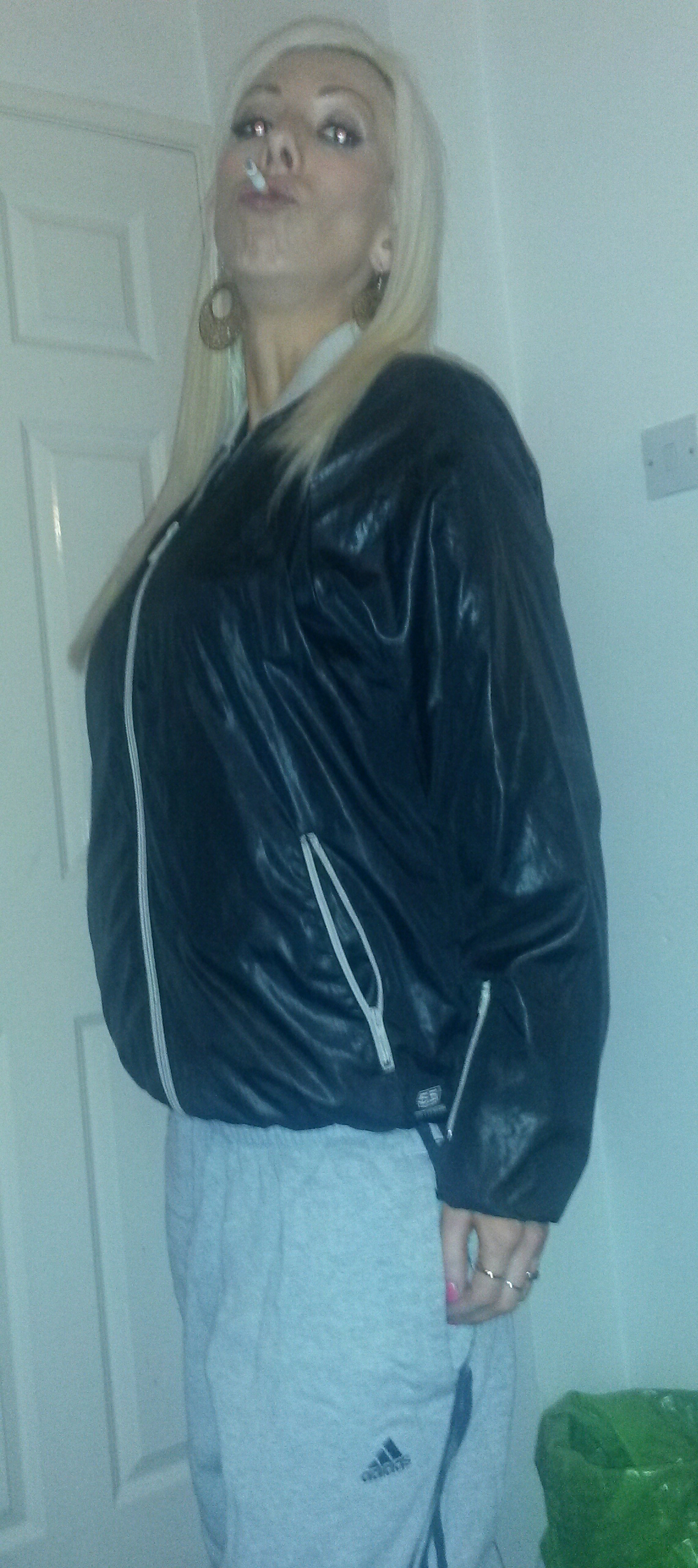 my smoker wife in one of her nylon jackets