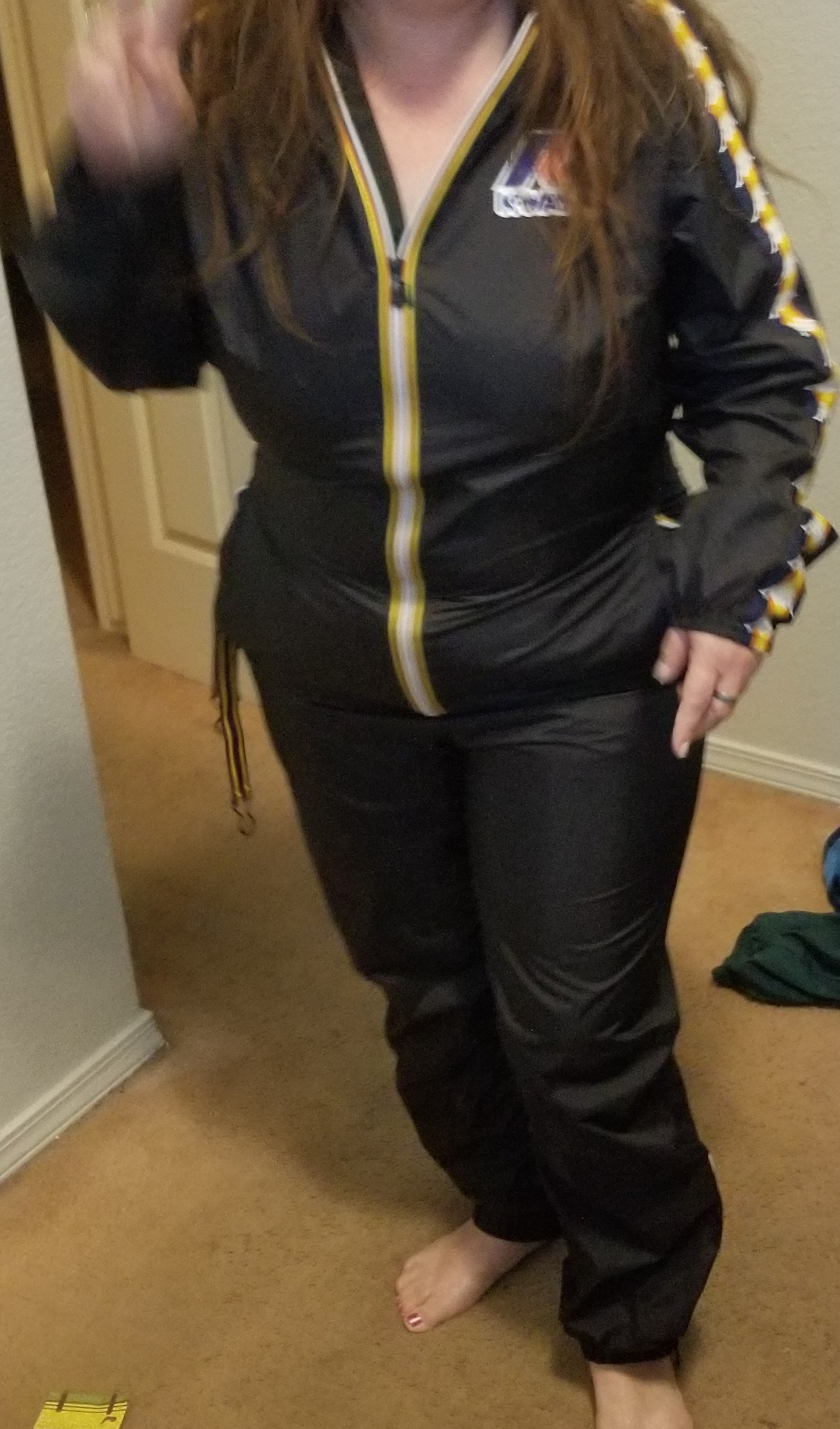 Neighbor was jealous of my k-way jumpsuit so i let her try it on