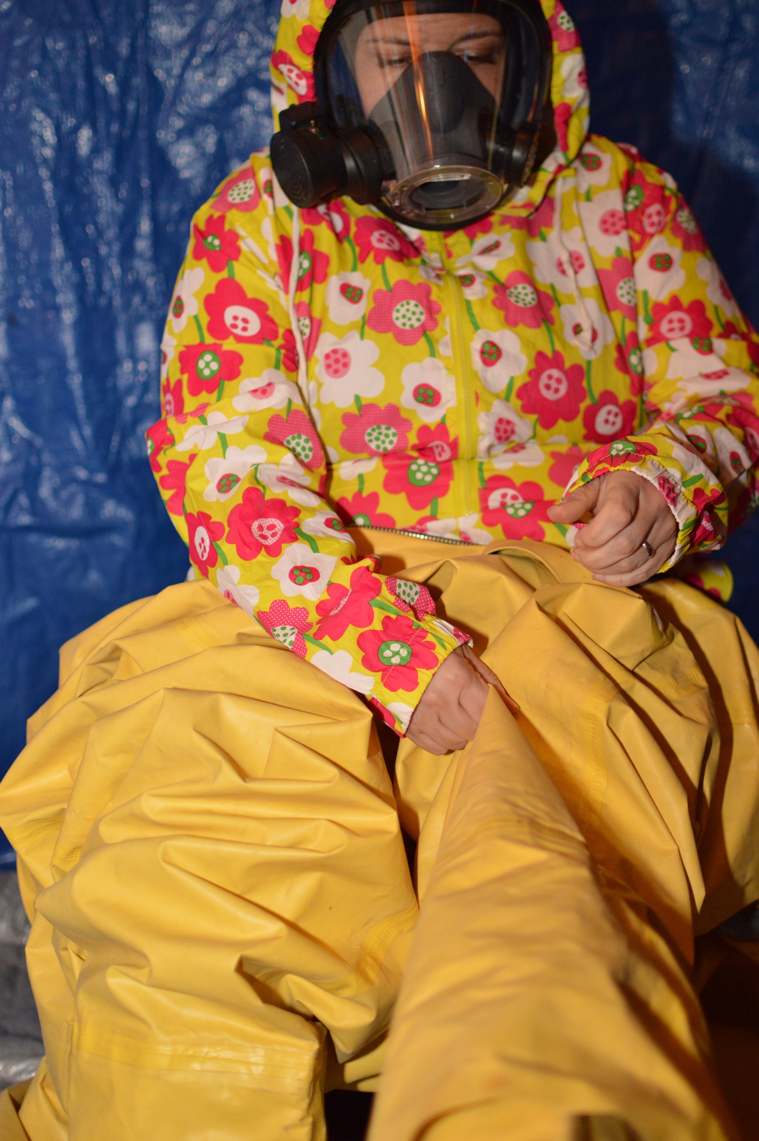 Peter Storm onesie and a very rubbery hazmat suit