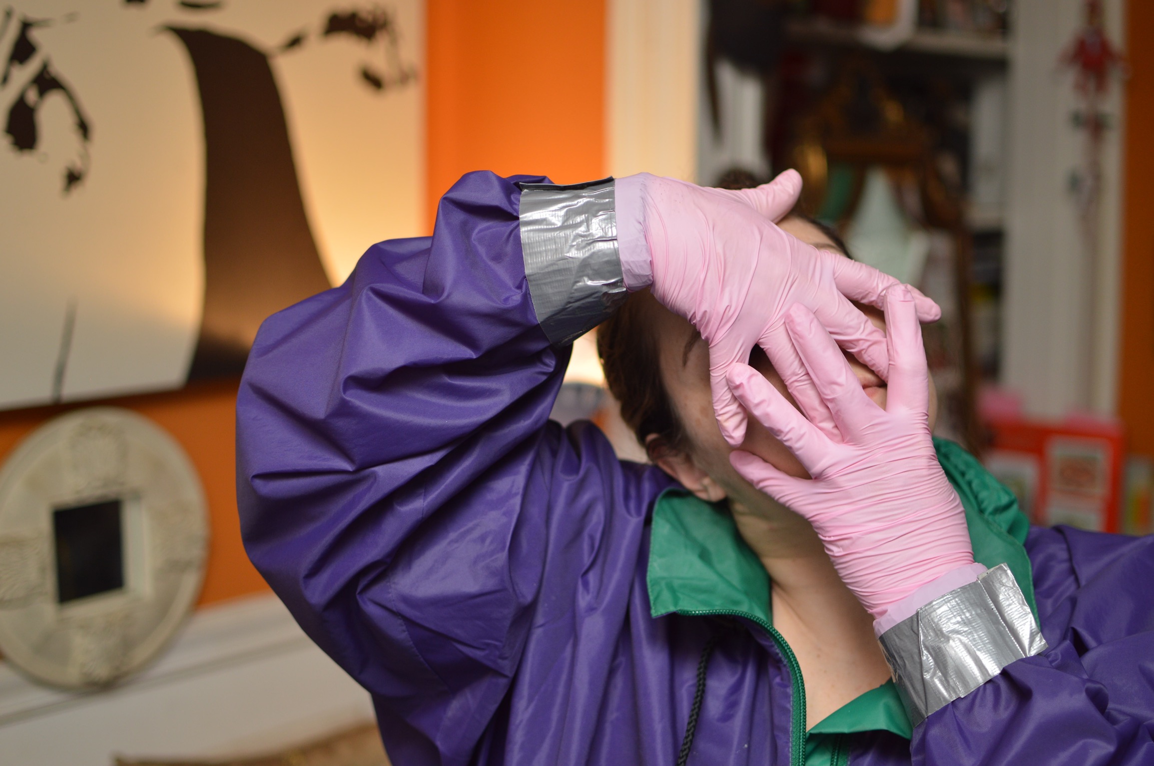 Pink latex gloves taped to vintage k-way windbreaker. Ready for my hazmat suit, sir!