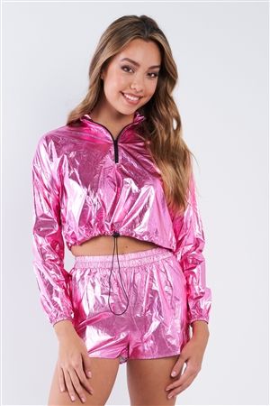 Pink Metallic Lightweight Drawstring Crop Top And Shorts Set _3-2-1.jpg