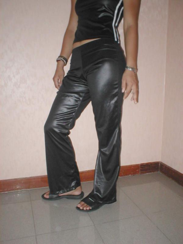 Shiny black pants and top