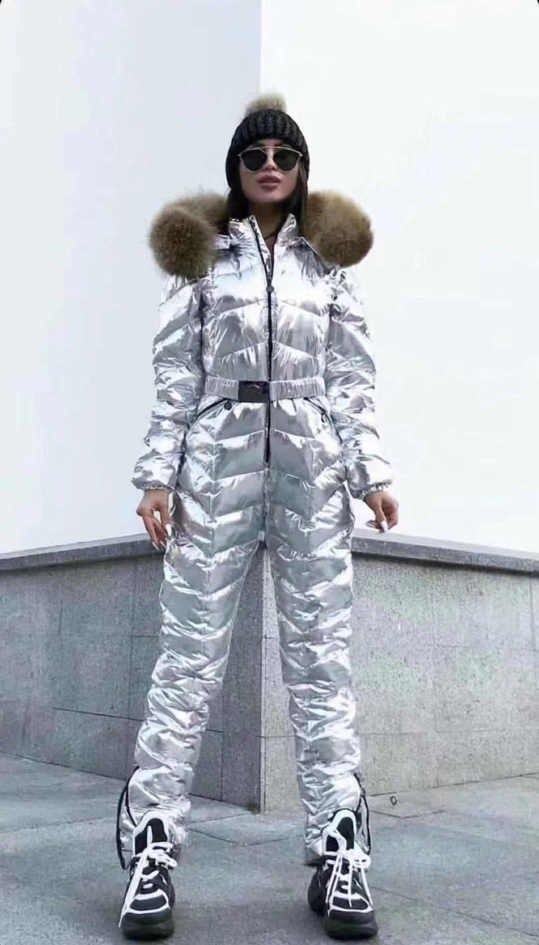 Silver metallic big fur winter ski suit overall jumpsuit woman.jpg