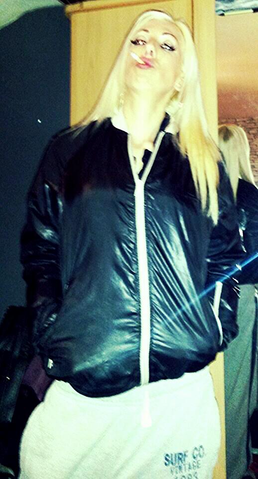 smoker wife in her jacket before sex in it