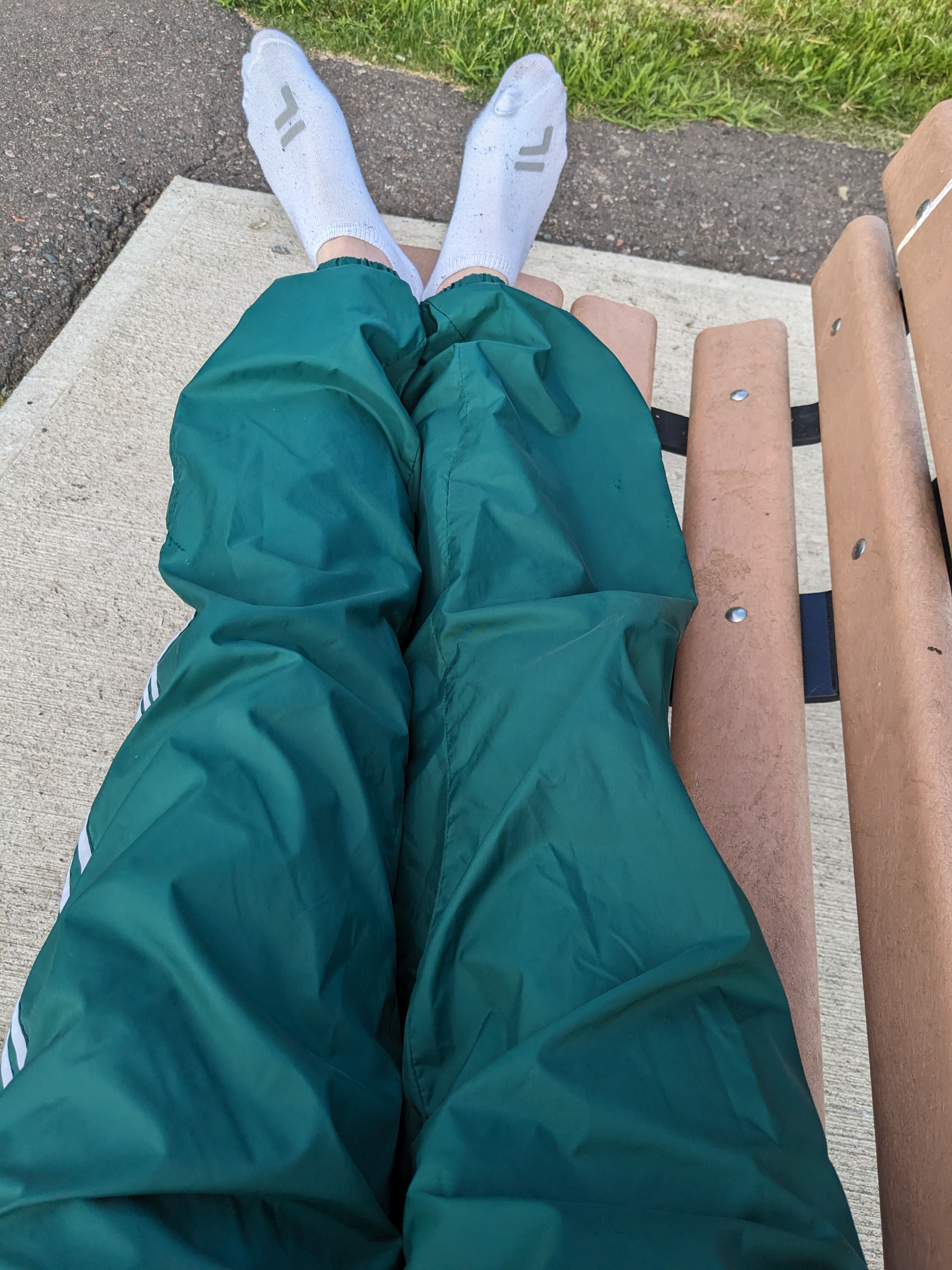 Unlined swishy pants and white ankle socks