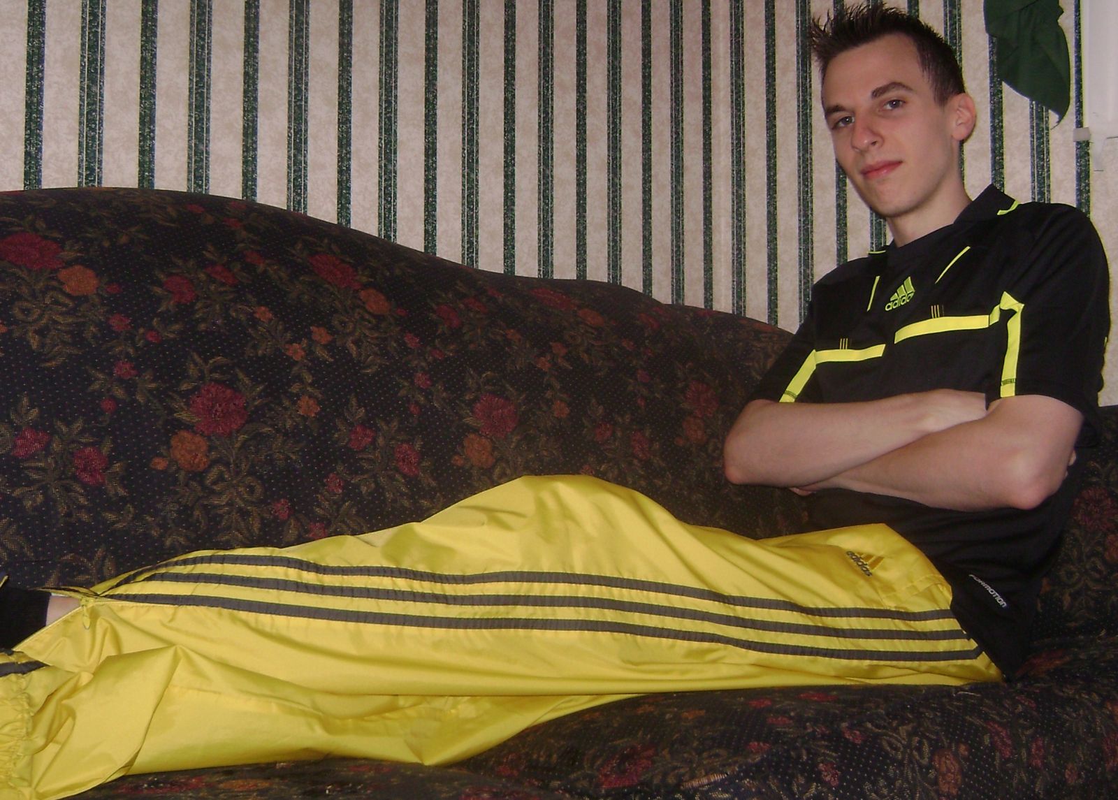 Yellow with dark gray stripes